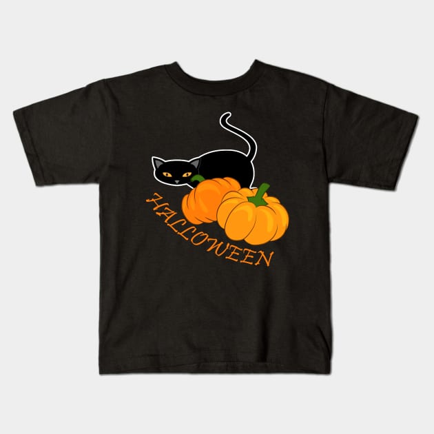 Halloween black cat with pumpkins Kids T-Shirt by 4wardlabel